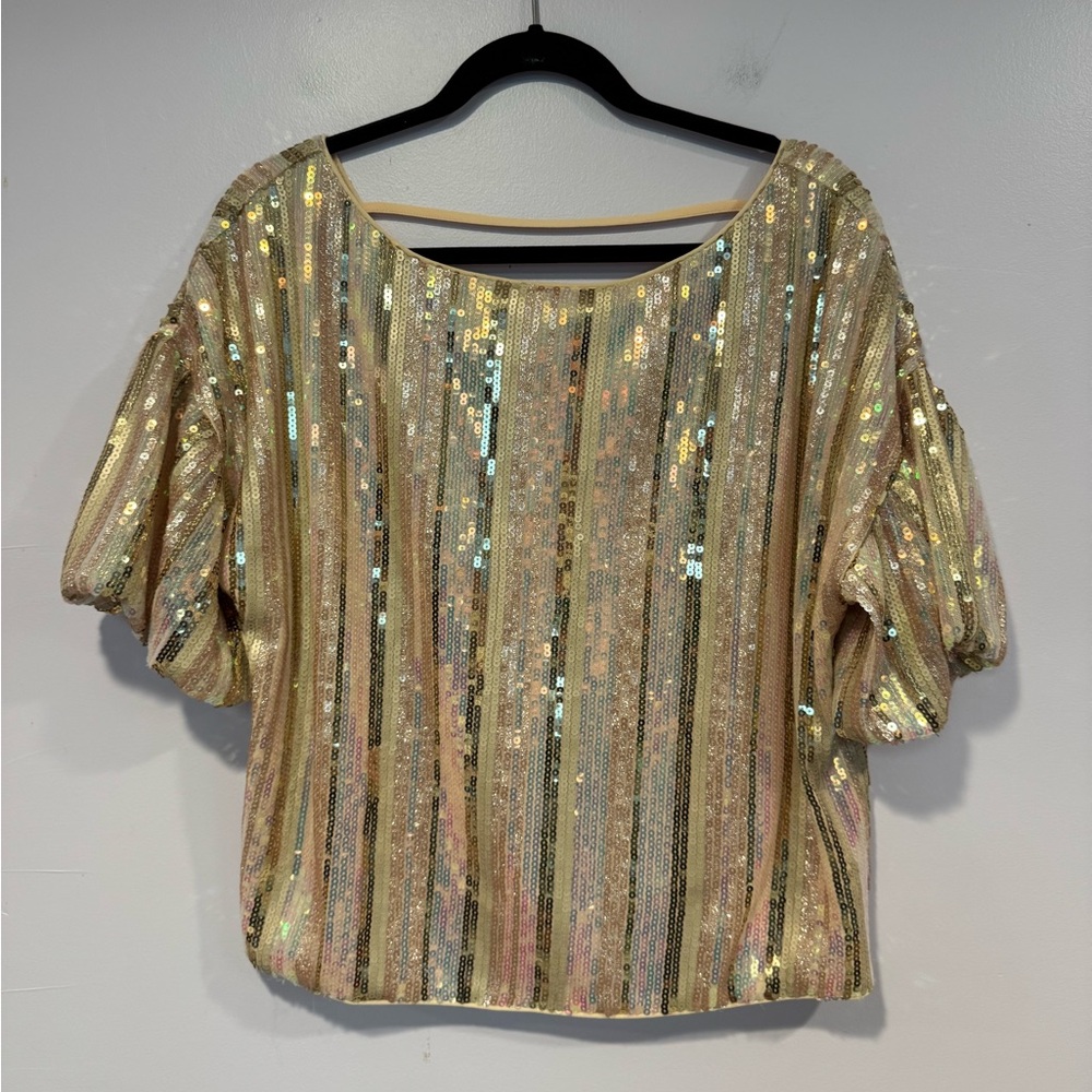 Fate Gold and Cream Sequin Party puff sleeve shirt